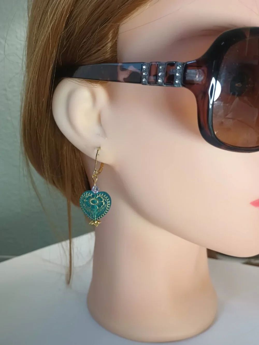 Translucent Teal & Gold Glass Heart Bead Earrings - Picture 3 of 5
